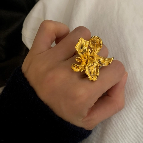 Anello Aperto Fiore Grande Rame Placcato Oro Argento Bocciolo Irregolare Regolabile Texture Spazzolata Gioielli Moda Donna