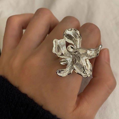 Anello Aperto Fiore Grande Rame Placcato Oro Argento Bocciolo Irregolare Regolabile Texture Spazzolata Gioielli Moda Donna