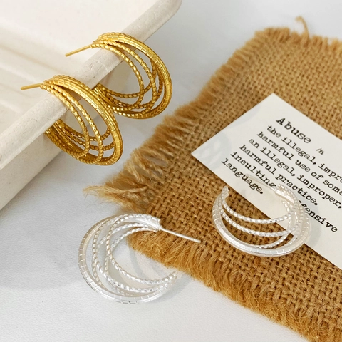 Pendientes De Botón Multicapa En Forme De C Cobre Chapado En Oro De 18 Quilates Mate Geométrico Texturizado Joyería Moda Mujer
