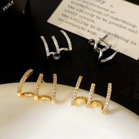 Fashion Triple Row Claw Stud Earrings Copper Gold Silver Plated Micro Pave Zircon Arc Curved Unique Trendy For Women