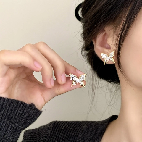 Butterfly Stud Earrings Copper Hollow Lace Two Tone Zircon Cubic Zirconia Elegant French Luxury Jewelry For Women