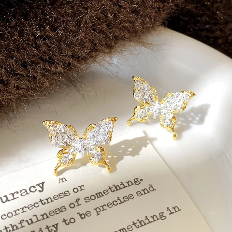 Butterfly Stud Earrings Copper Hollow Lace Two Tone Zircon Cubic Zirconia Elegant French Luxury Jewelry For Women