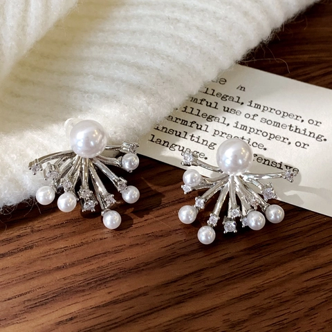 Pendientes De Perlas Artificiales De Fuegos Artificiales Aleación Zirconia Cúbica Micro Incrustada Elegante Con Poste De Plata De Ley 925