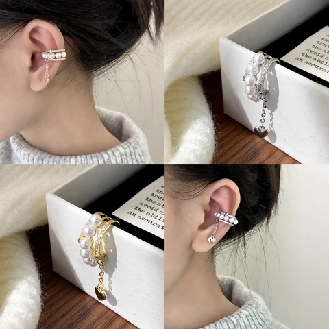 Clip Per Orecchio Nappa Perla Artificial Cuore Strass Multistrato Senza Buco Polsino Per Orecchio Per Donne Gioielli Eleganti