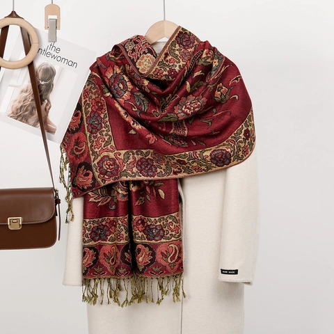 Women's Vintage Paisley Jacquard Tassel Scarf Large Polyester Floral Shawl Wrap For Travel Winter Warm Fashion Accessories
