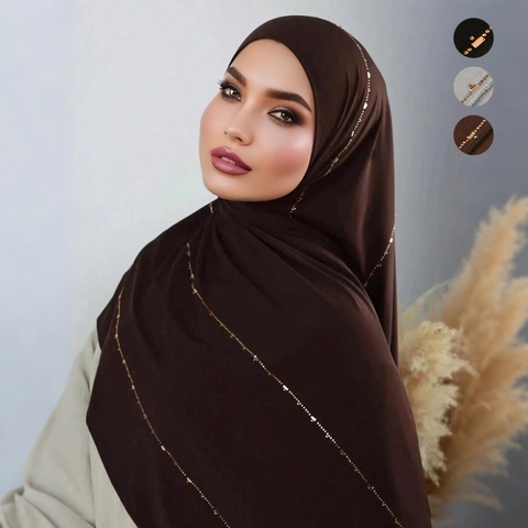 Hijab Musulmano Da Donna Sciarpa In Modal Cotone Mercerizzato Scialle Lungo Con Righe Verticali Di Perline Di Strass Traspirante Morbido