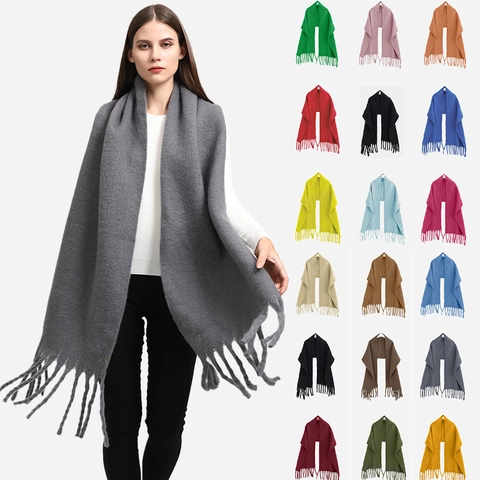 Solid Color Cashmere Like Winter Scarf For Women Warm Long Tassel Shawl Wrap Soft Knit Pashmina Neck Warmer