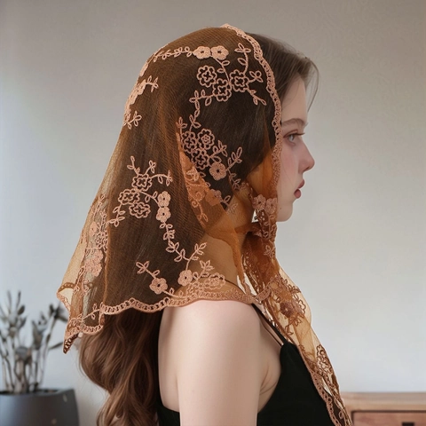 Sciarpa a Triangolo in Pizzo Vintage Francese da Donna Ricamo Floreale Bandana in Rete Trasparente Copricapo Stile Pastorale Dolce Accessorio