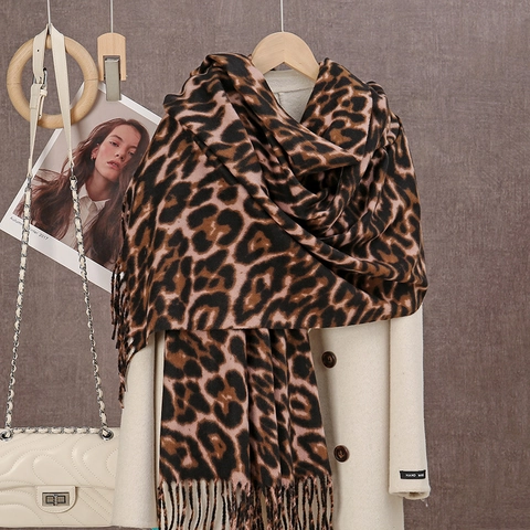 Leopard Print Scarf For Women Winter Thickened Imitation Cashmere Long Tassel Shawl Versatile Warm Neck Wrap