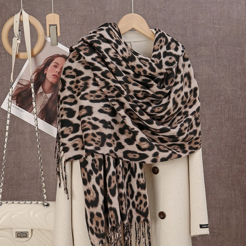 Leopard Print Scarf For Women Winter Thickened Imitation Cashmere Long Tassel Shawl Versatile Warm Neck Wrap