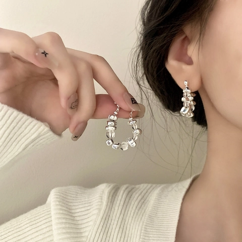 Minimalist Beaded Hoop Earrings With Glass Beads And Irregular Silver Colored Metal Beads Niche Design Fashion For Women