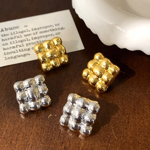 Vintage Square Stud Earrings With Copper Earring Post Quilted Woven Texture Geometric Metallic Jewelry For Women