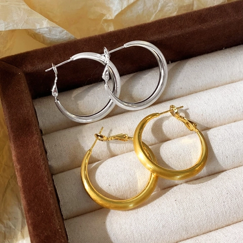 Orecchini A Cerchio Spessi Minimalisti Da Donna Geometrici In Rame Spazzolato Placcato Oro Vero Argento Gioielli