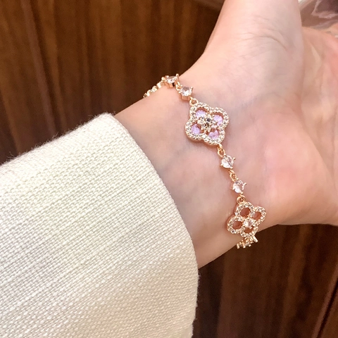 Four Leaf Clover Necklace Bracelet Rose Gold Plated Copper Pink Cubic Zirconia Flower Pave Adjustable Elegant Women