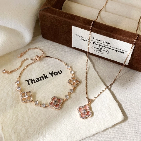 Four Leaf Clover Necklace Bracelet Rose Gold Plated Copper Pink Cubic Zirconia Flower Pave Adjustable Elegant Women