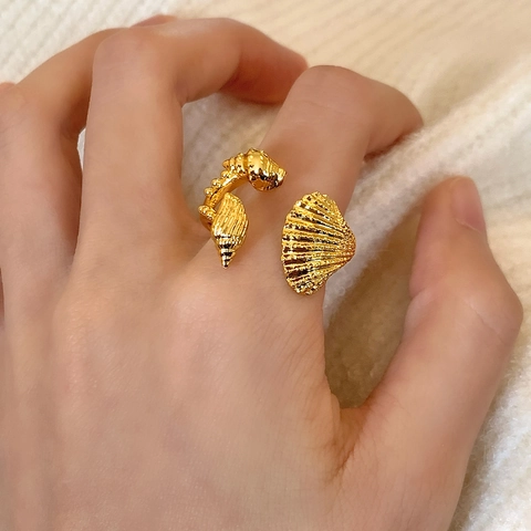 Conch Shell Scallop Open Ring Copper With Gold Silver Plated Marine Style Adjustable Vacation Finger Jewelry