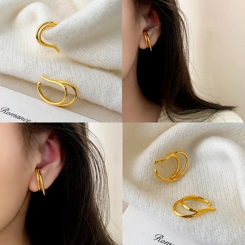 Minimalist Double Layer Ear Cuff Copper Gold Plated Geometric Non Piercing Clip On Jewelry For Women