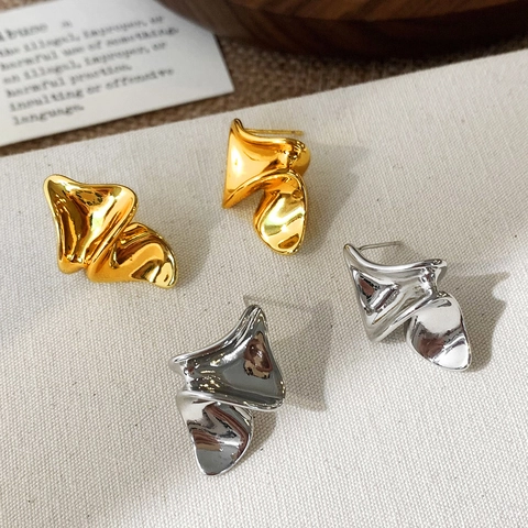 Irregular Pleated Stud Earrings Copper Geometric Wave Liquid Metal Mirror Polished Fashion Jewelry For Women