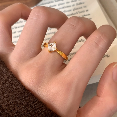 Square Zircon Copper Adjustable Ring Milgrain Texture Vintage Minimalist Light Luxury Fashion Accessory For Women