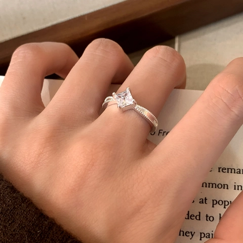 Square Zircon Copper Adjustable Ring Milgrain Texture Vintage Minimalist Light Luxury Fashion Accessory For Women
