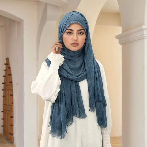 Women Long Crinkle Scarf Solid Color Pleated Hijab Shawl Polyester Lightweight Breathable With Frayed Edges