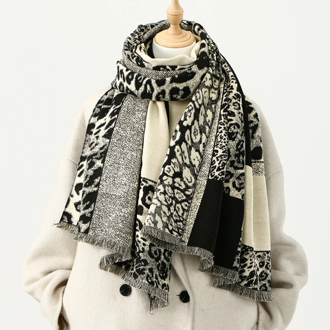Women Leopard Print Splicing Thickened Shawl Scarf Vintage Geometric Pattern Imitation Cashmere Warm Long Scarf With Tassels