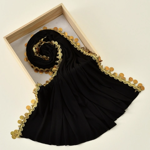 Muslim Hijab Headscarf Mercerized Cotton Elegant Solid With Gold Sequins Metallic Coins Lace Trim Ethnic Long Wrap