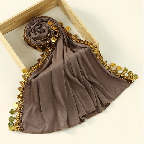 Muslim Hijab Headscarf Mercerized Cotton Elegant Solid With Gold Sequins Metallic Coins Lace Trim Ethnic Long Wrap