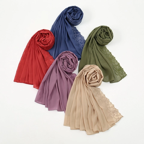 Femmes Mode Mousseline Longue Écharpe avec Broderie Florale Élégant Châle