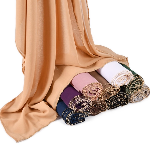 Women's Solid Chiffon Hijab Long Scarf With Gold Bead Edge Elegant L-Shape Headscarf Shawl For Daily Travel Fashion Scarf