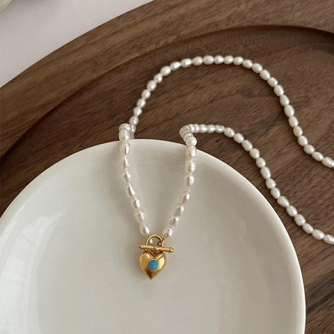 Herz Türkis Anhänger Süßwasserperlenkette Kupfer Knebelverschluss Vintage Stil Schmuck Für Damen