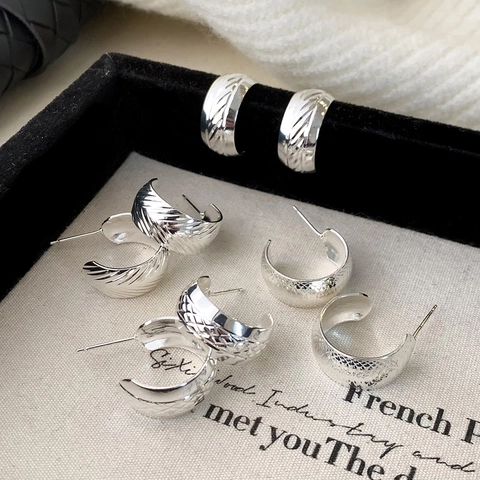 Textured C Shaped Hoop Stud Earrings Silver Plated Copper With 925 Sterling Silver Earring Post Geometric Luxury Jewelry For Women