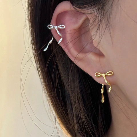 Ribbon Bow Tassel Earrings Copper Metallic Spiral Drop Ear Studs Elegant Light Luxury Jewelry For Women