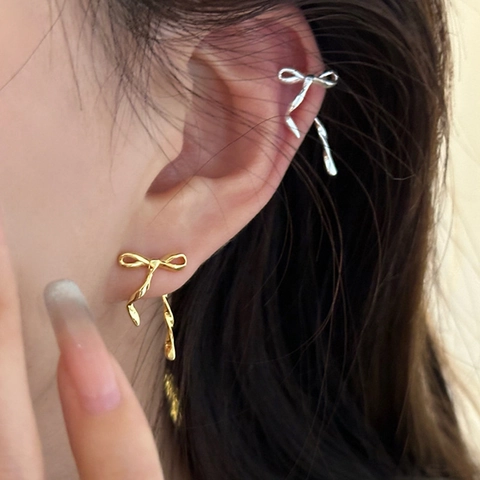 Ribbon Bow Tassel Earrings Copper Metallic Spiral Drop Ear Studs Elegant Light Luxury Jewelry For Women