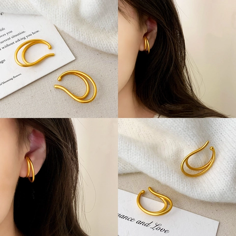 Doppelschichtige Matte Gold Ohrmanschette Minimalistische Geometrische Ohne Piercing Kupfer Ohrringe Für Frauen Pendler