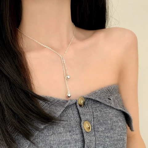 Y-Form Lariat Halskette Kupfer Doppelmetallperle Quaste Lange Kette Minimalistische Elegante Schlüsselbeinkette Schmuck Damen