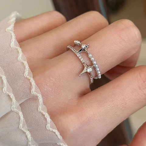 Anello Aperto A Doppio Strato Con Künstliche Perle E Stella Zircone Stile Francese Minimalista Gioielli Da Dito Eleganti Regolabili Per Donne