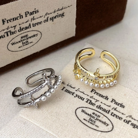 Anello Aperto In Künstliche Perle A Doppio Strato Da Donna Elegante Stella In Zircone Gioielli Per Dita Regolabili Accessori Di Moda