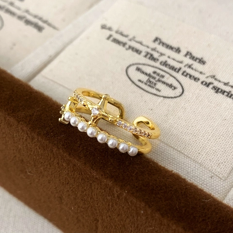 Anello Aperto In Künstliche Perle A Doppio Strato Da Donna Elegante Stella In Zircone Gioielli Per Dita Regolabili Accessori Di Moda