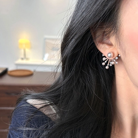 Elegante Fächerförmige Feuerwerk Stecker Ohrringe Mit Künstliche Perle Und Zirkon Mikro Pave Mode Schmuck Für Damen