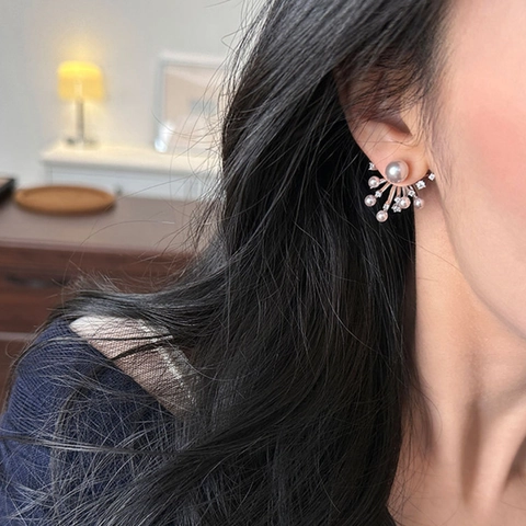 Elegante Fächerförmige Feuerwerk Stecker Ohrringe Mit Künstliche Perle Und Zirkon Mikro Pave Mode Schmuck Für Damen