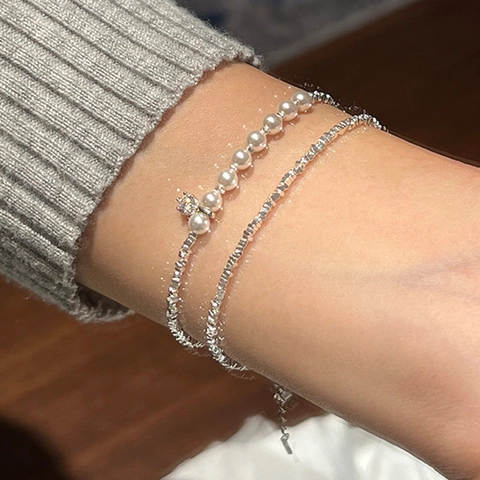 Französischer Stil Doppellagiges Künstliche Perlenarmband Versilbertes Kupfer Crushed Silver Kette Mit Zirkonia Anhänger Damen Schmuck