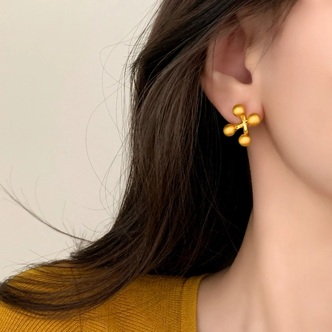 Vintage Cross Geometric Stud Earrings With Copper Earring Post Brushed Matte Spheres For Women Minimalist Fashion Jewelry