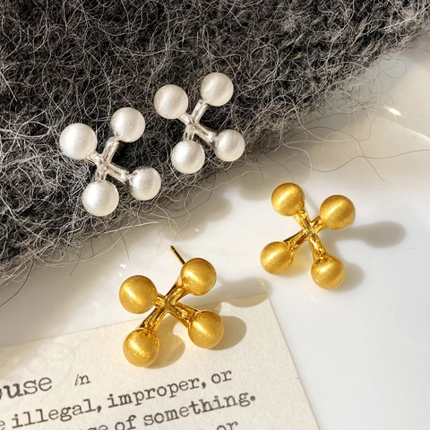 Vintage Cross Geometric Stud Earrings With Copper Earring Post Brushed Matte Spheres For Women Minimalist Fashion Jewelry