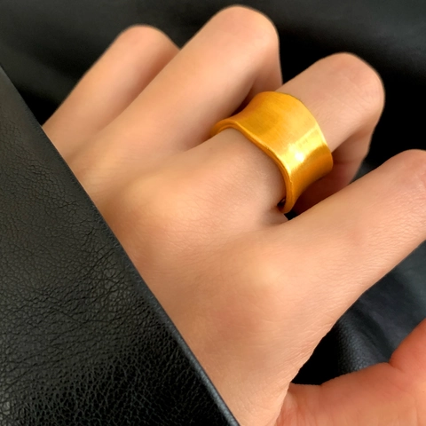 Wide Surface Open Ring Copper 18K Gold Plated Minimalist Adjustable Matte Brushed Wave Geometric Trendy Jewelry