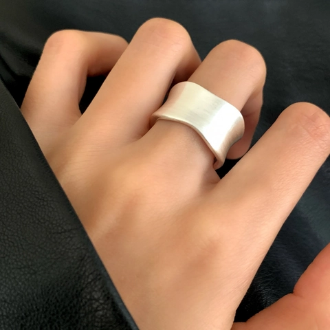Wide Surface Open Ring Copper 18K Gold Plated Minimalist Adjustable Matte Brushed Wave Geometric Trendy Jewelry