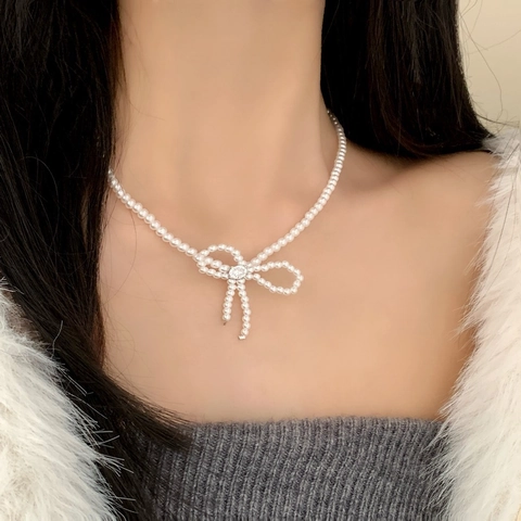 Collier Künstliche Perle Nœud Papillon Français Élégant Cuivre Zircon Incrusté Bijoux Versatiles Pour Femmes