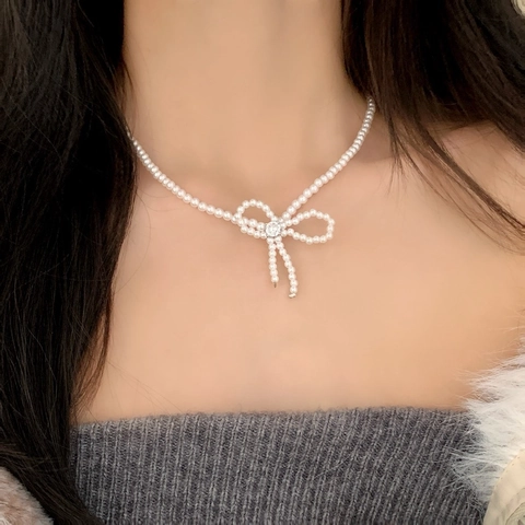 Collier Künstliche Perle Nœud Papillon Français Élégant Cuivre Zircon Incrusté Bijoux Versatiles Pour Femmes