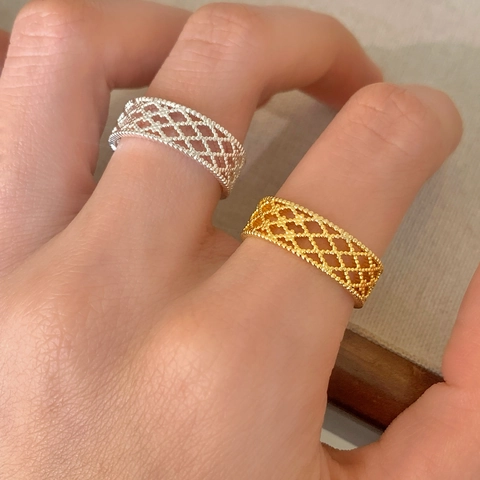Hollow Lattice Grid Ring Copper Gold Plated Round Bead Edging Open Adjustable Vintage French Style Jewelry For Women