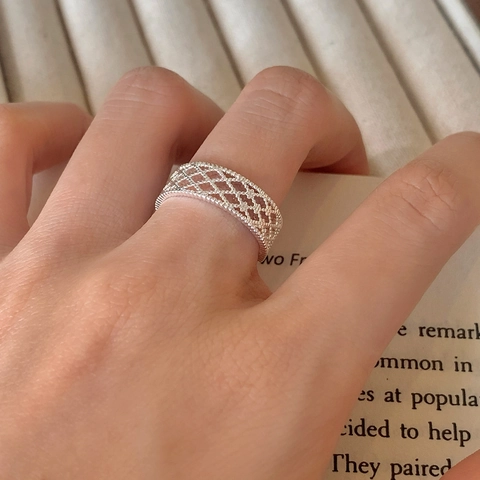 Hollow Lattice Grid Ring Copper Gold Plated Round Bead Edging Open Adjustable Vintage French Style Jewelry For Women